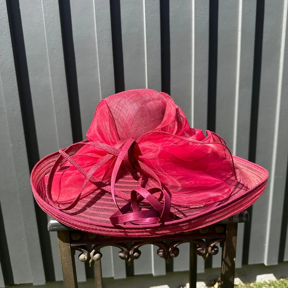 Something Special Cranberry Red Kentucky Derby Wide Brim Ribbon Bow Hat